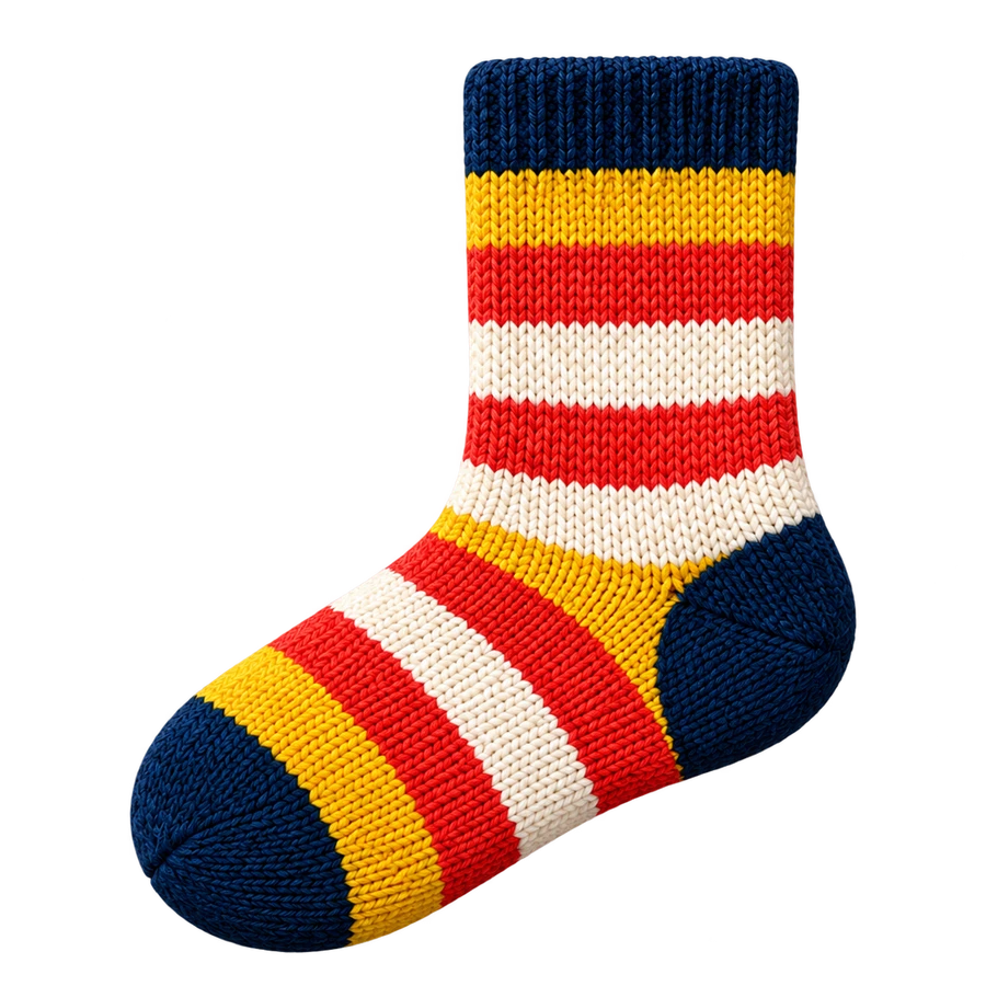 A knitted sock with navy, mustard, red, and cream stripes